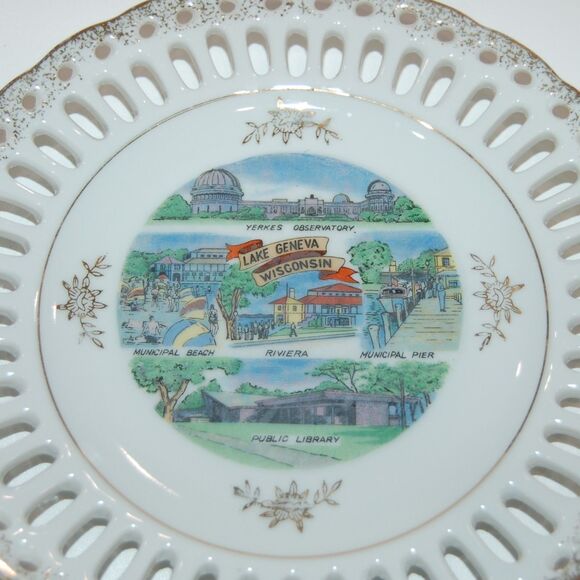 WISCONSIN VINTAGE SOUVENIR PLATE LAKE GENEVA RIVIERA YERKES OBSERVATORY LIBRARY - Picture 3 of 5